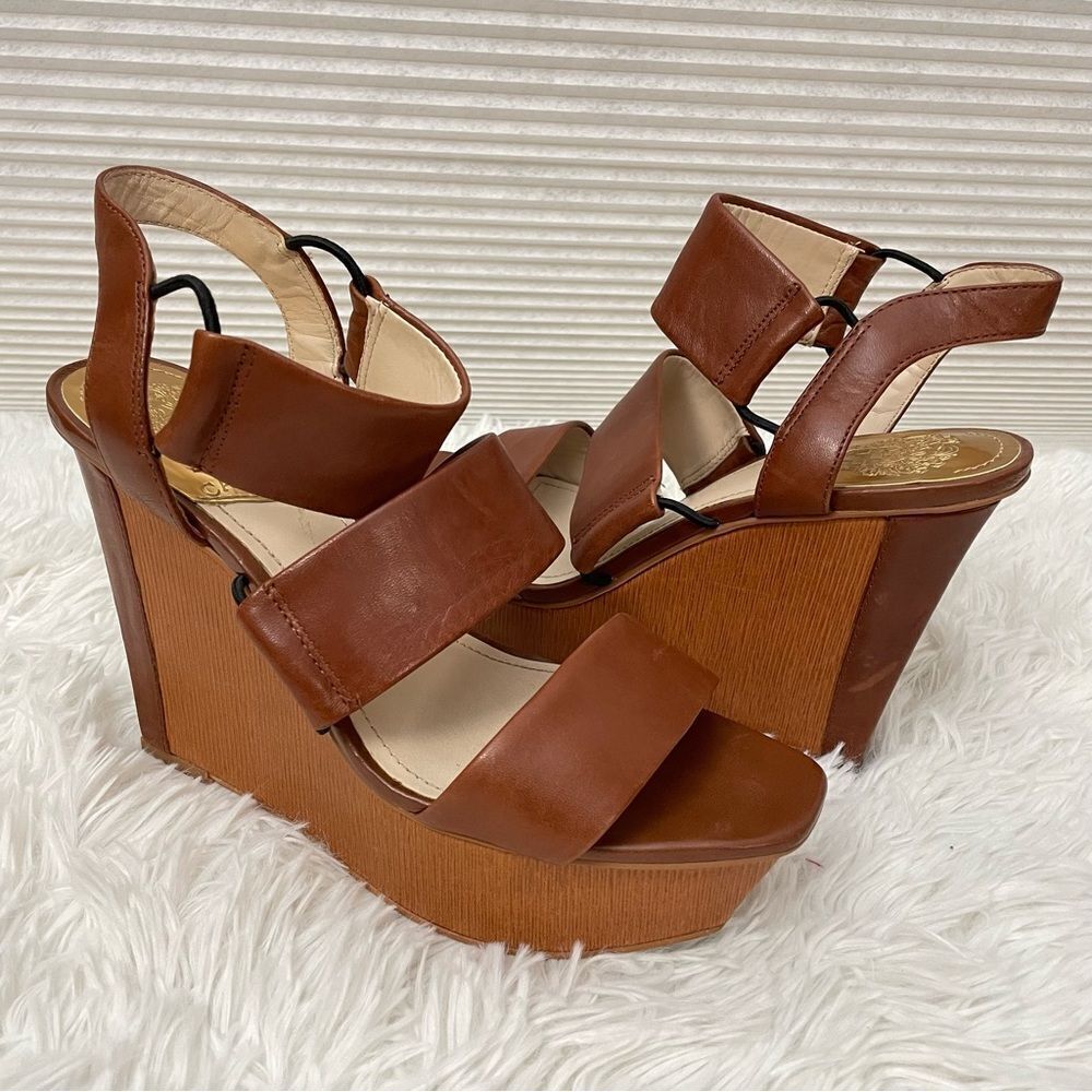 VINCE CAMUTO Niskera Wedge Platform Slingback Sandals cognac‎ leather sz 7.5 M
